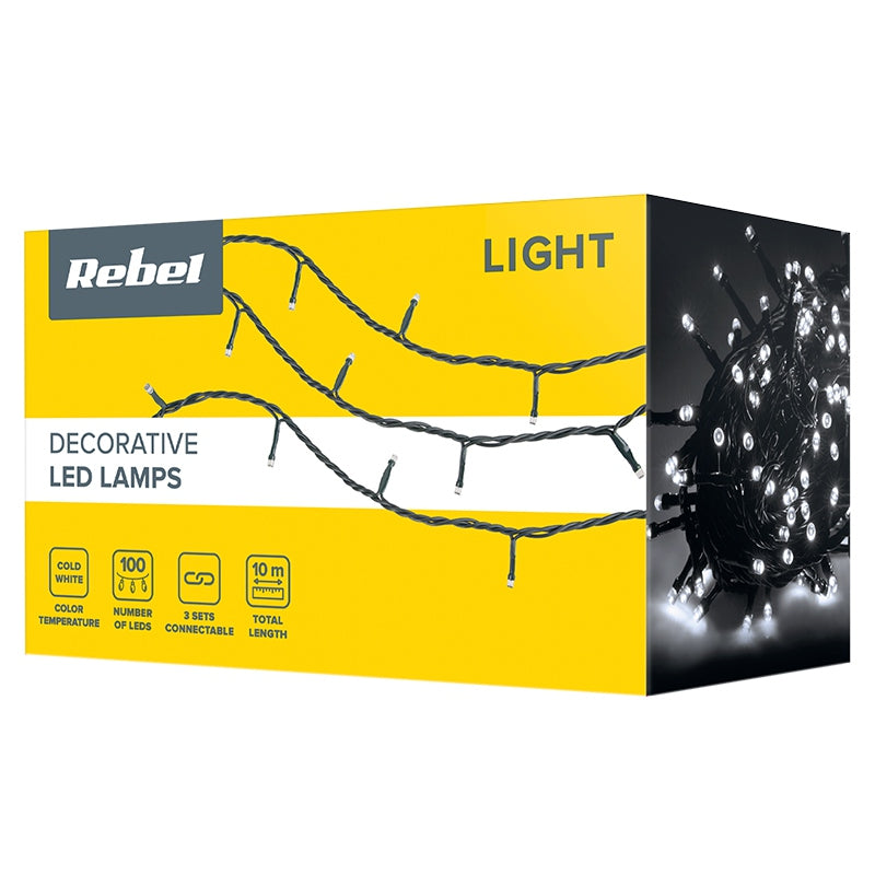 Șir de lumini festive cu 100 LED-uri alb rece de 10 m IP44 pentru exterior Rebel ZAR0478-1