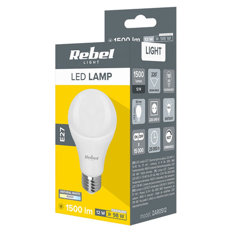 Bec LED E27 de 12 W cu lumină alb neutru de 4000 K Rebel ZAR0512