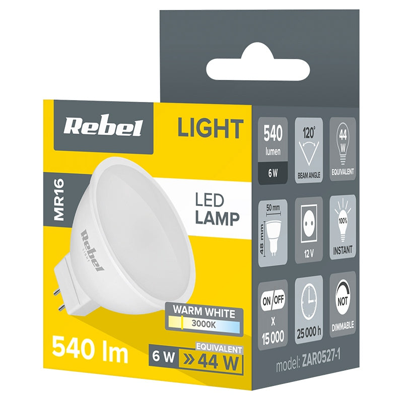 Bec LED reflector MR16 de 6 W cu lumină alb cald 3000K și alimentare 12 V Rebel ZAR0527-1