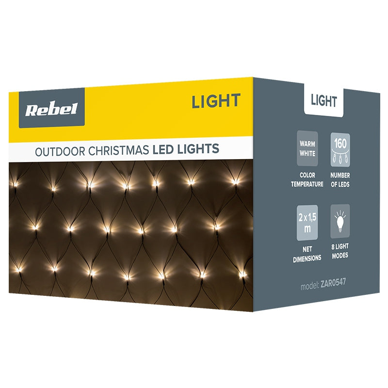 Plasă luminoasă festivă cu 160 LED-uri alb cald de 2 × 1,5 m Rebel ZAR0547