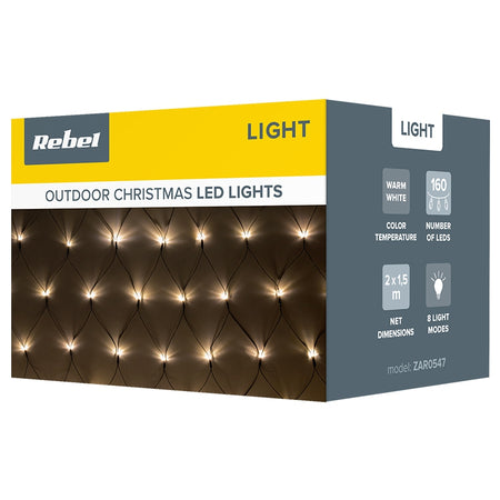 Plasă luminoasă festivă cu 160 LED-uri alb cald de 2 × 1,5 m Rebel ZAR0547