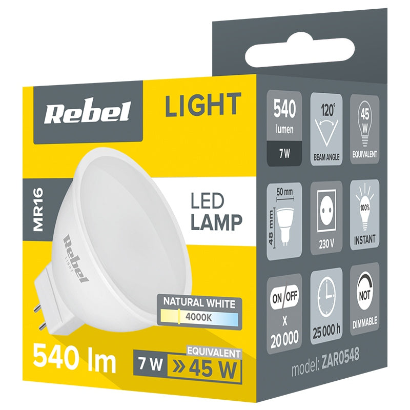 Bec LED MR16 de 7 W cu lumină alb neutru 4000 K Rebel ZAR0548