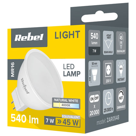 Bec LED MR16 de 7 W cu lumină alb neutru 4000 K Rebel ZAR0548