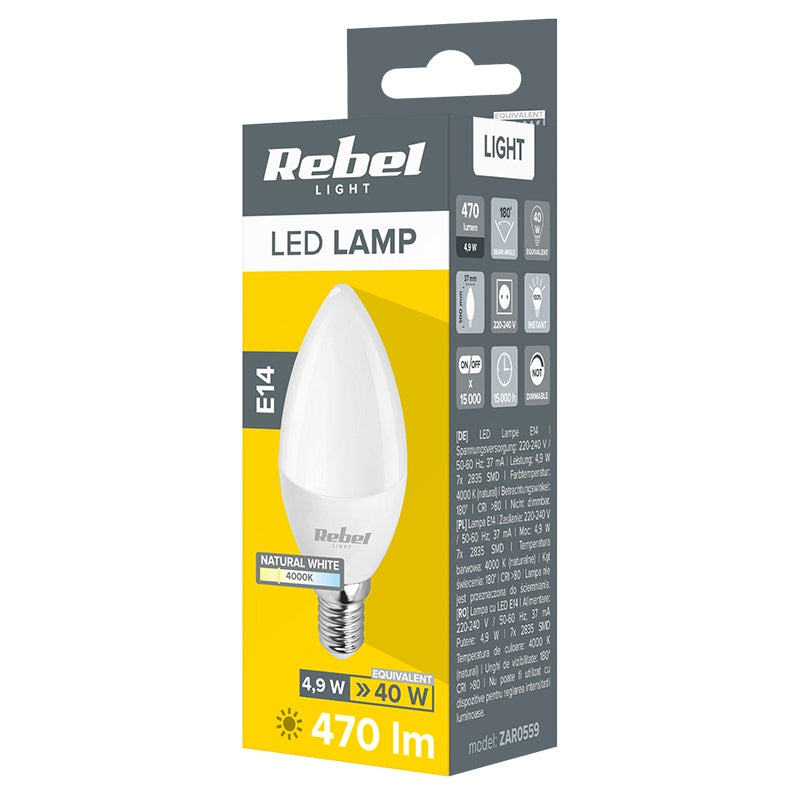 Bec LED lumânare E14 5 W cu lumină neutră 4000 K Rebel ZAR0559