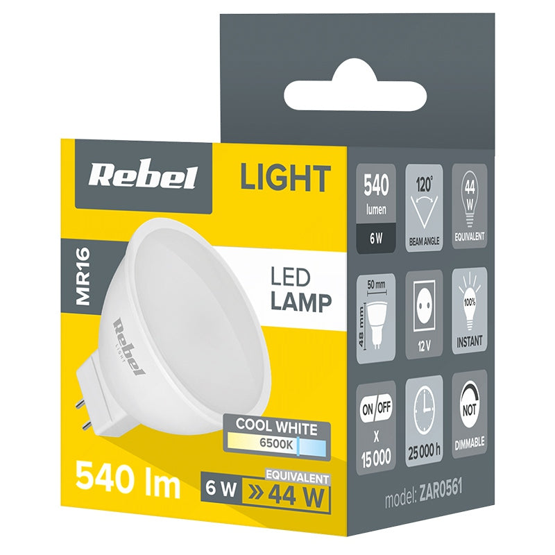Bec LED reflector MR16 de 6 W la 12 V cu lumină albă rece de 6500 K Rebel ZAR0561