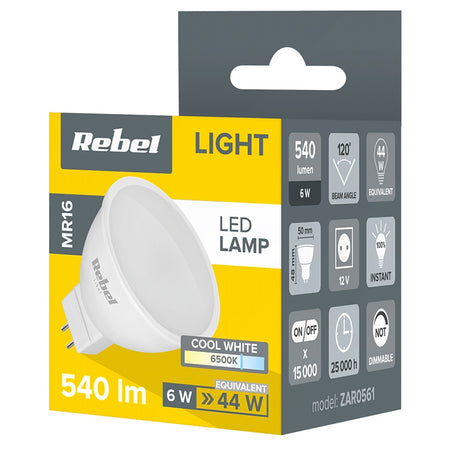 Bec LED reflector MR16 de 6 W la 12 V cu lumină albă rece de 6500 K Rebel ZAR0561