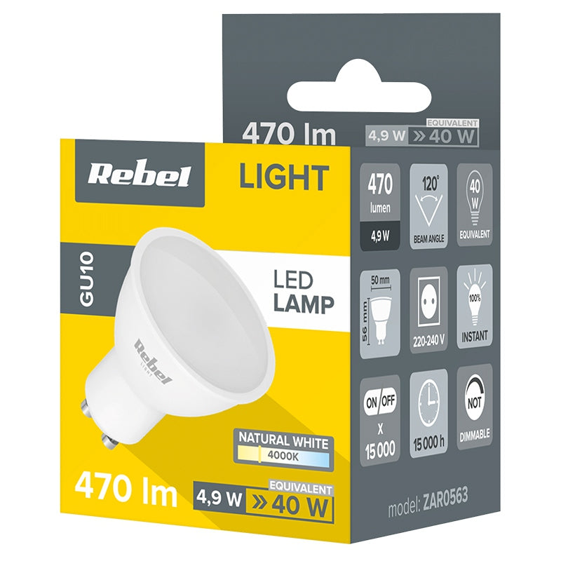 Bec LED cu soclu GU10 de 5 W cu lumină alb neutru 4000 K Rebel ZAR0563