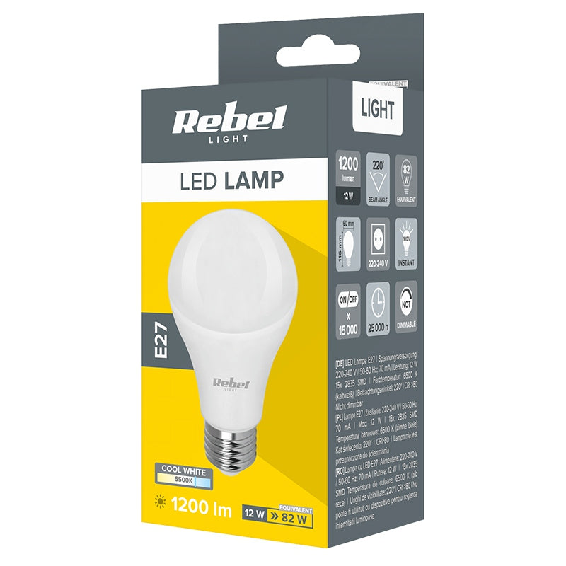 Bec LED E27 A60 de 12 W cu lumină albă rece de 6500 K Rebel ZAR0565