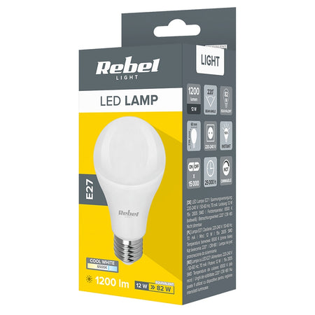 Bec LED E27 A60 de 12 W cu lumină albă rece de 6500 K Rebel ZAR0565