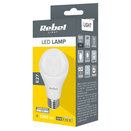 Bec LED E27 A60 de 12 W cu lumină albă caldă de 3000 K Rebel ZAR0566