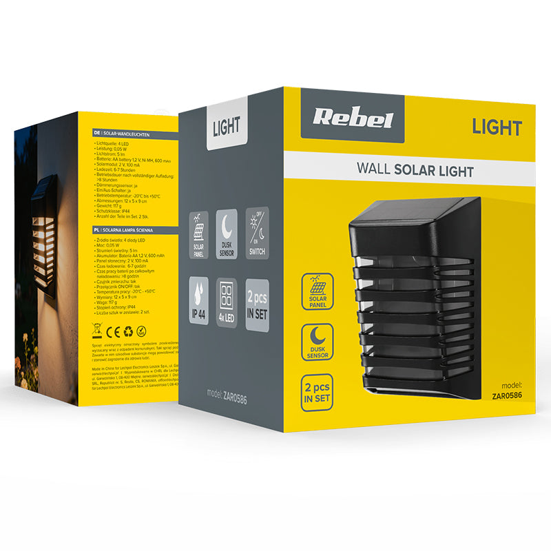 Set 2 lămpi solare de perete cu 4 LED și senzor de amurg Rebel ZAR0586