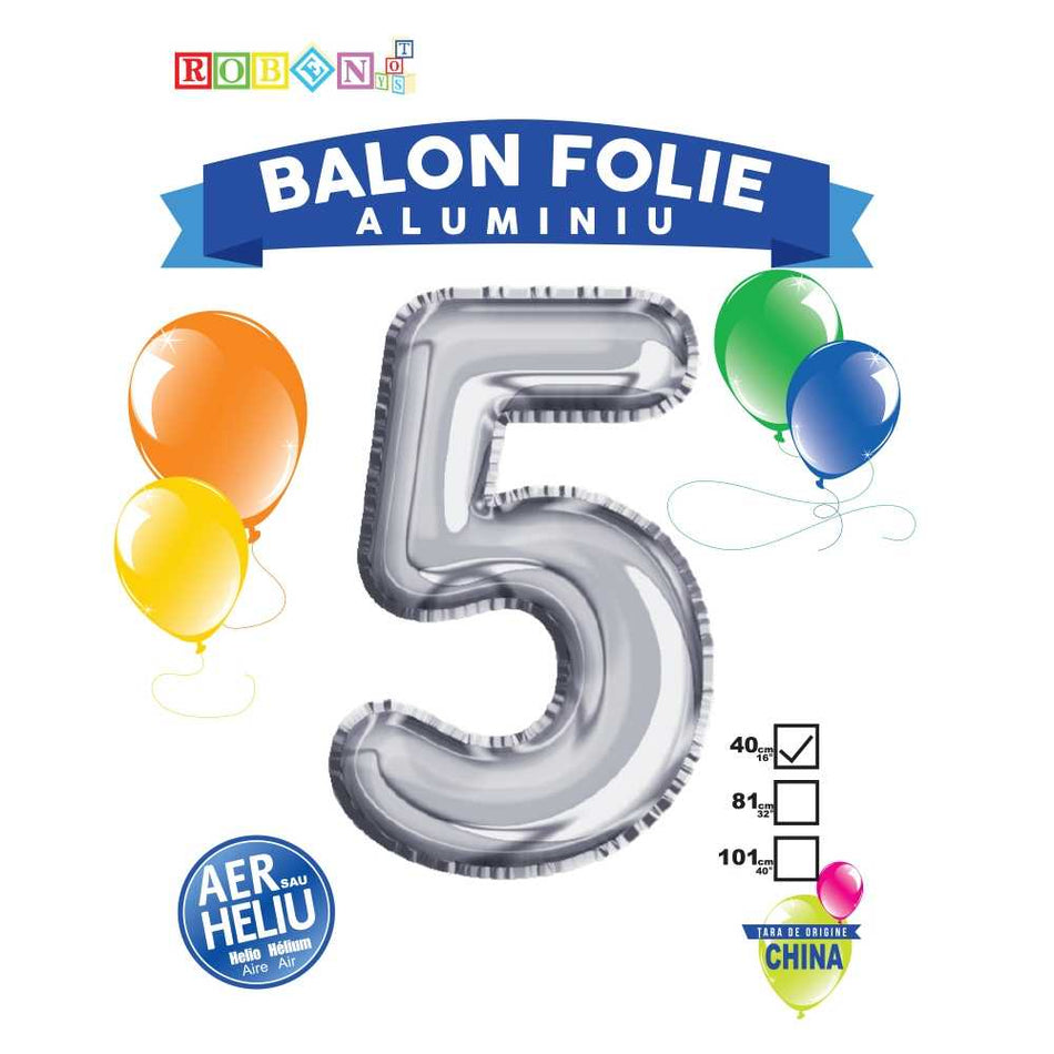 Balon, Folie Aluminiu, Argintiu, Cifra 5, 40cm 14062-5