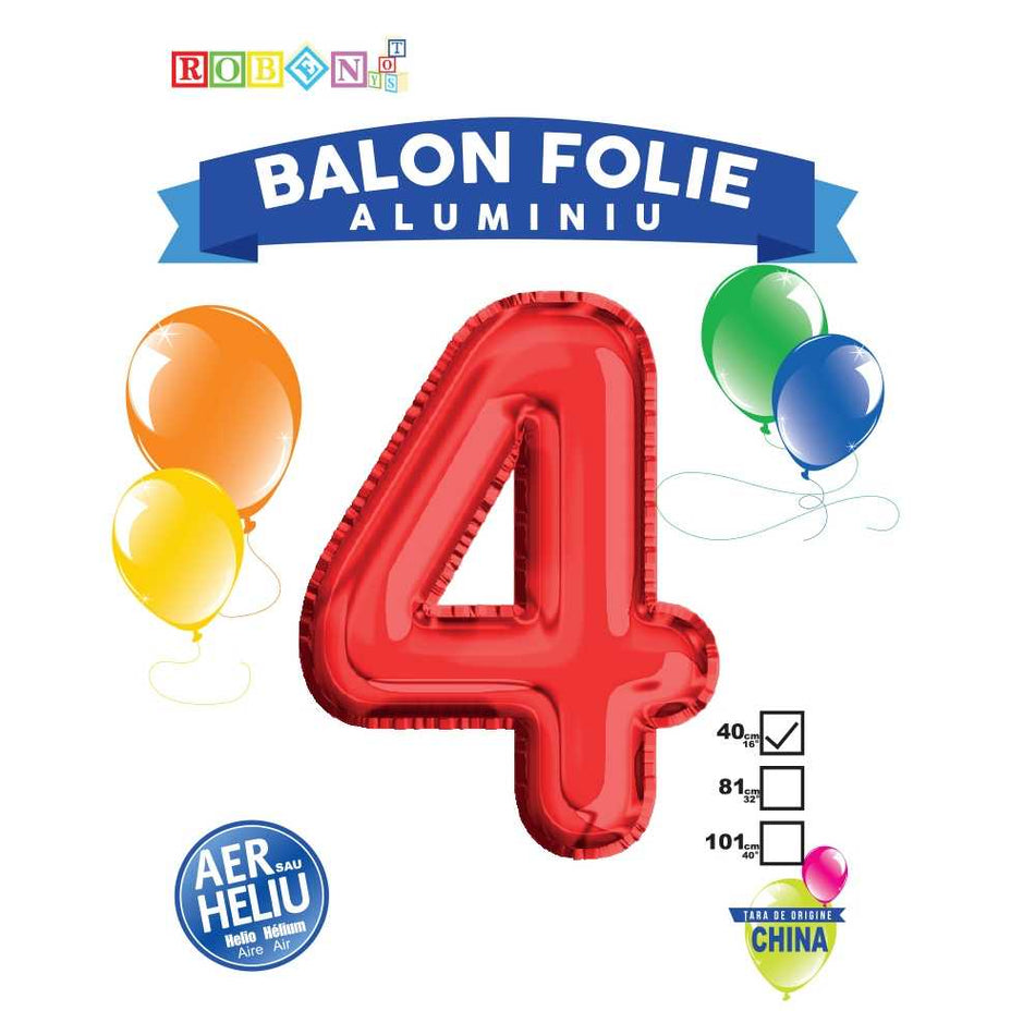 Balon, Folie Aluminiu, Rosu, Cifra 4, 40 Cm