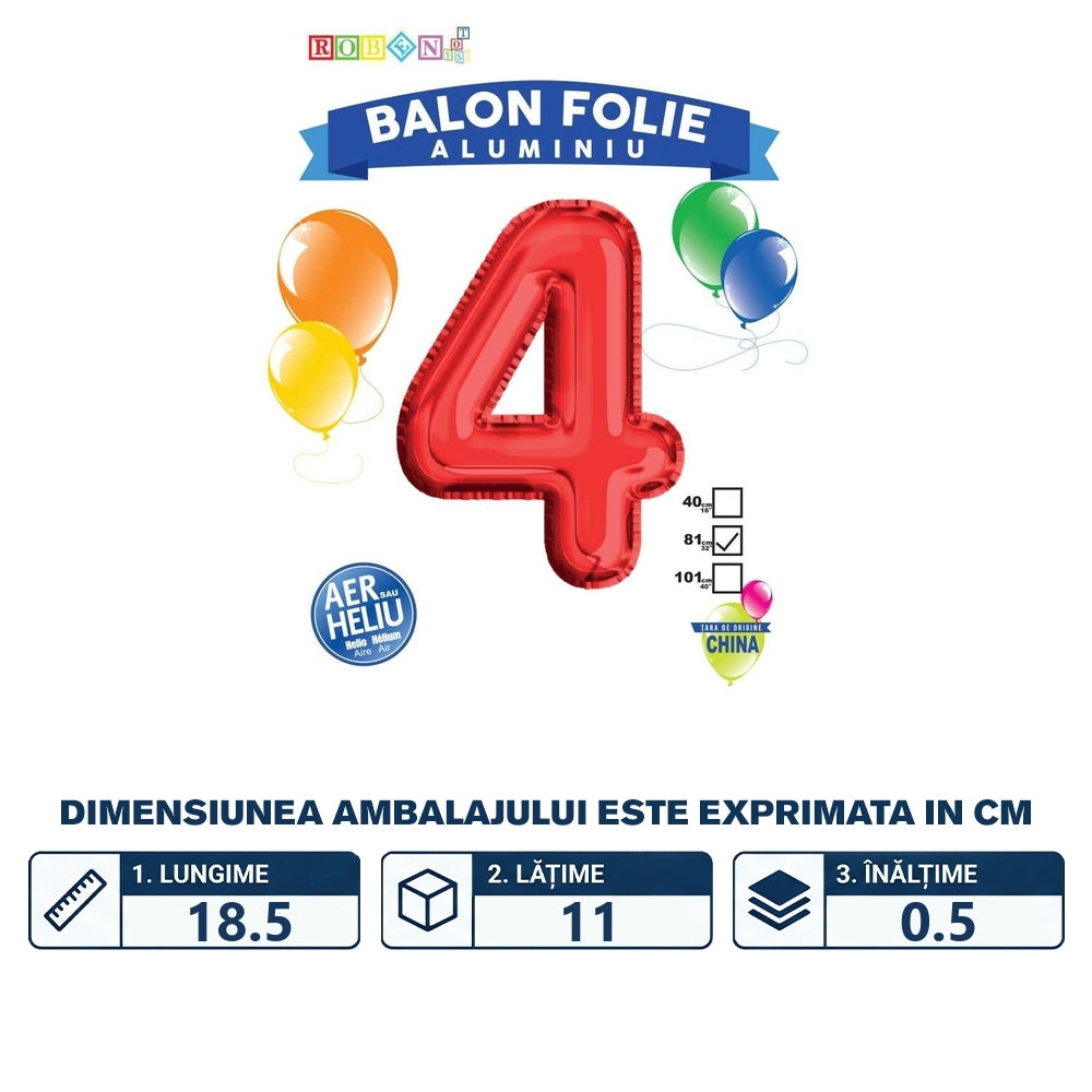 Balon din folie de aluminiu roșu cu cifra 4 de 81 cm 18163-4