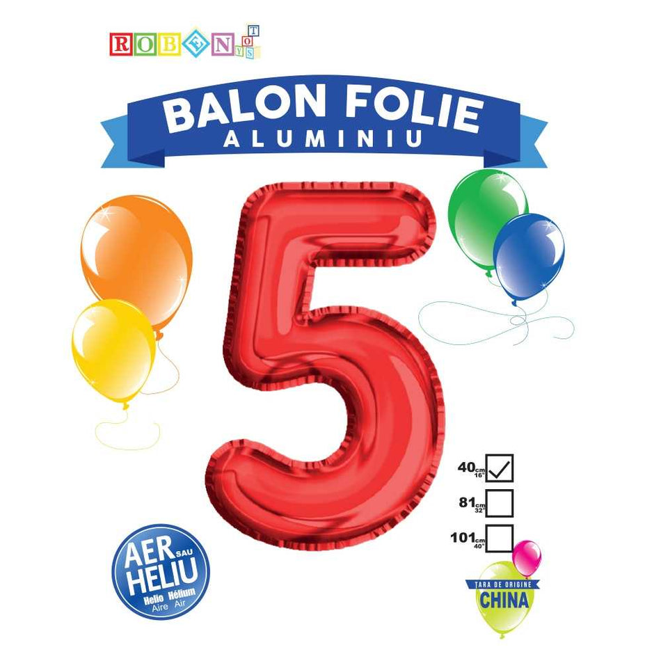 Balon, Folie Aluminiu, Rosu, Cifra 5, 40 Cm