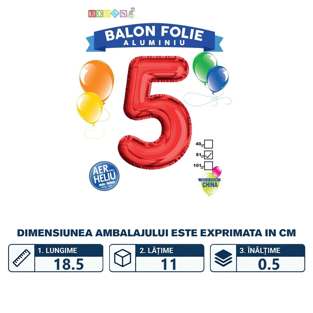 Balon din folie de aluminiu roșu în formă de cifră 5 de 81 cm 18163-5