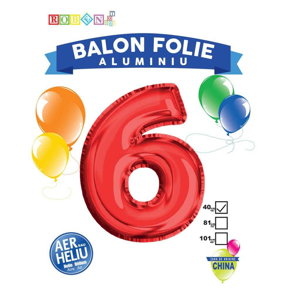 Balon, Folie Aluminiu, Rosu, Cifra 6, 40 Cm
