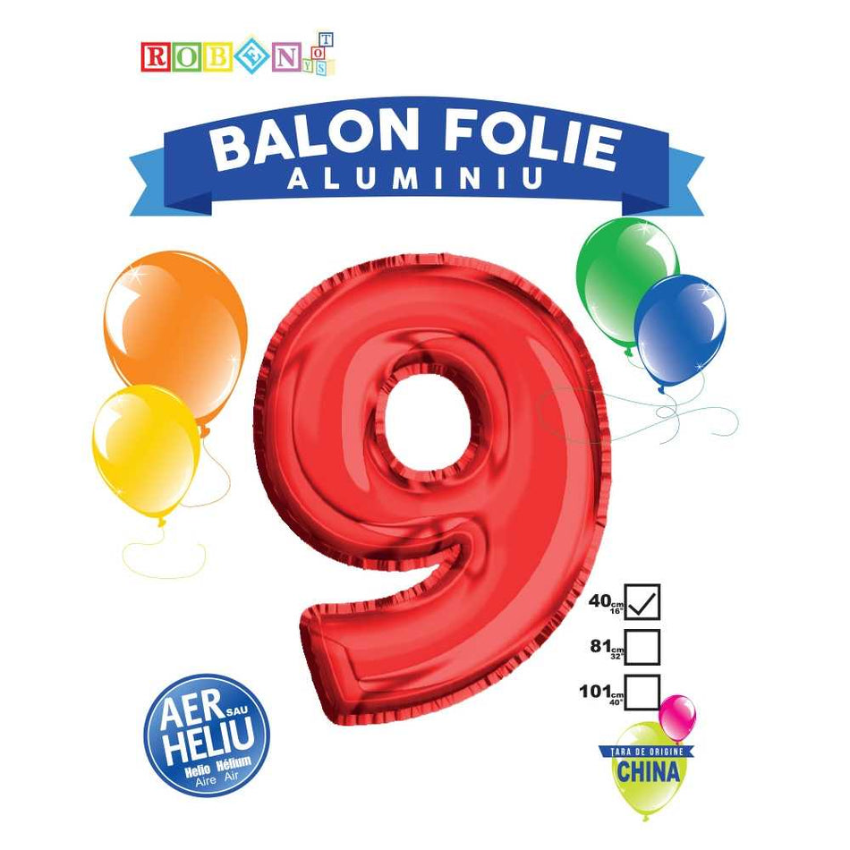 Balon, Folie Aluminiu, Rosu, Cifra 9, 40 Cm