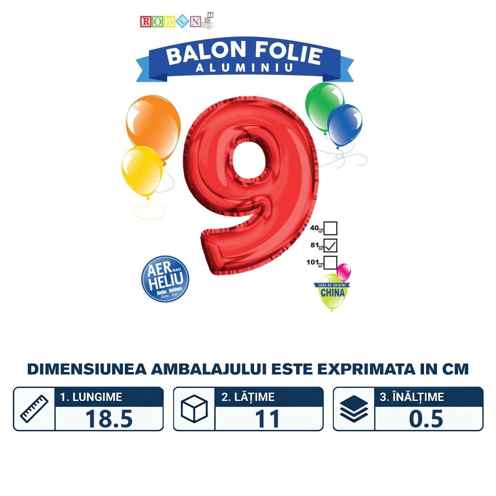 Balon roșu din folie de aluminiu în formă de cifra 9 de 81 cm 18163-9