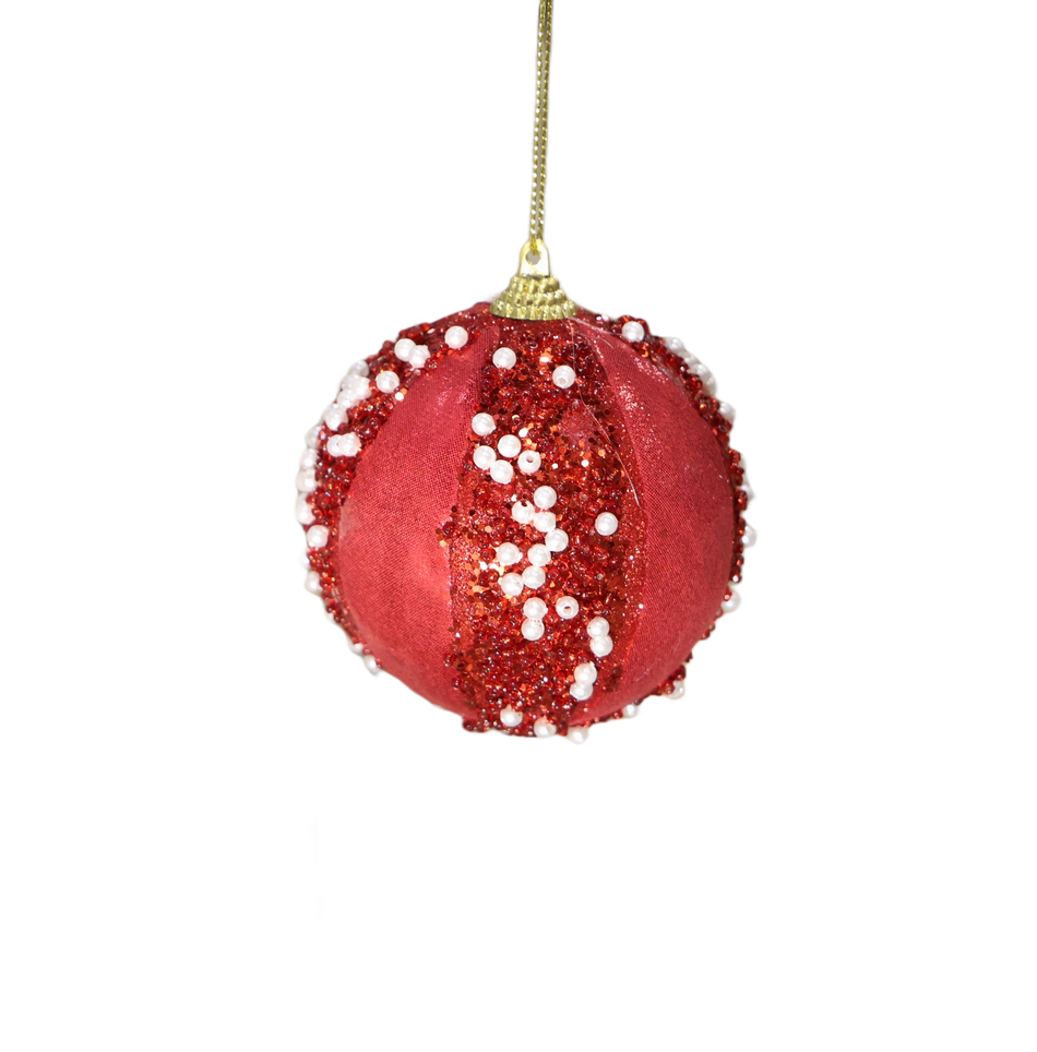 Xmas Glob 8 Cm Catifea Rosie Cu Perlute Albe