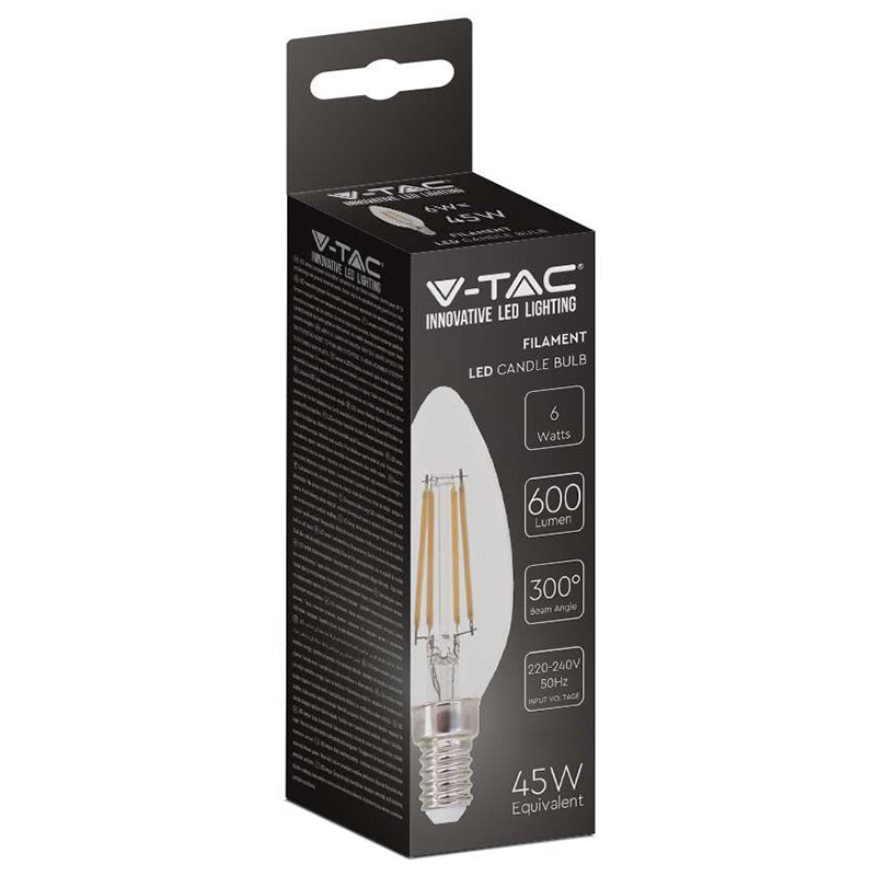 Bec LED Filament E14 Lumânare 6W Alb rece V-TAC