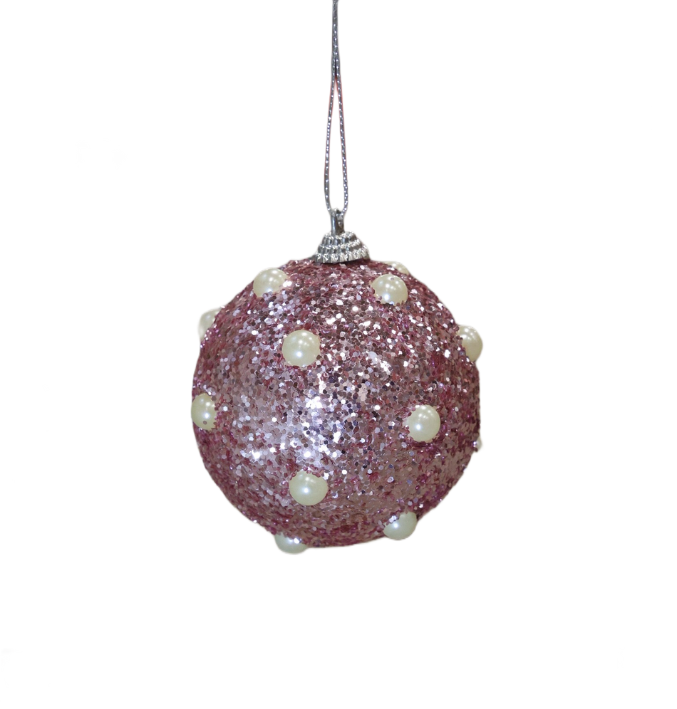 XMAS ORNAMENT GLOB ROZ CU PERLE 8 CM, PLASTIC