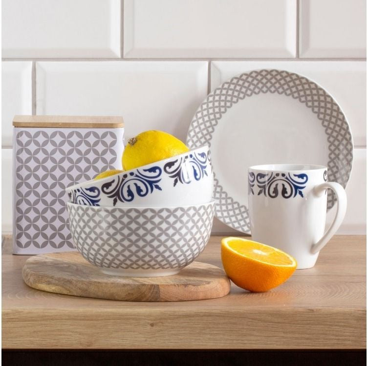 Bol mic 14 cm Marocco din portelan, design oriental, gri și bleumarin, compatibil cu mașina de spălat vase AMBITION 29178