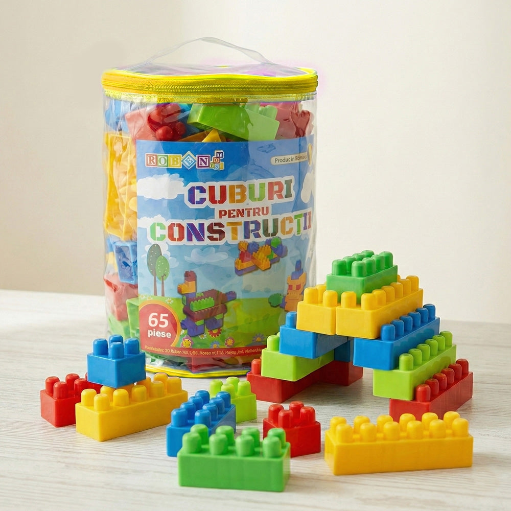Cuburi constructie 65 piese pentru copii, plastic, ROBENTOYS 16065
