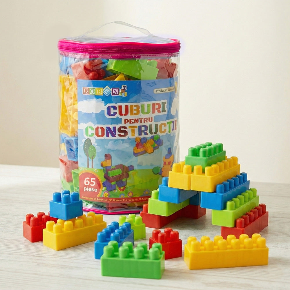 Cuburi constructie 65 piese pentru copii, plastic, ROBENTOYS 16065