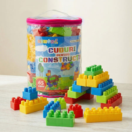 Cuburi constructie 65 piese pentru copii, plastic, ROBENTOYS 16065