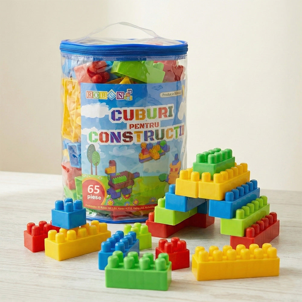 Cuburi constructie 65 piese pentru copii, plastic, ROBENTOYS 16065