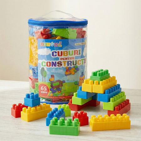 Cuburi constructie 65 piese pentru copii, plastic, ROBENTOYS 16065