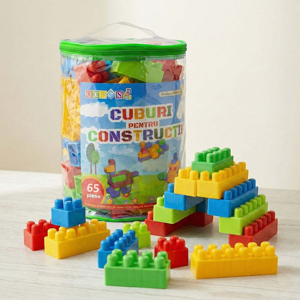 Cuburi constructie 65 piese pentru copii, plastic, ROBENTOYS 16065
