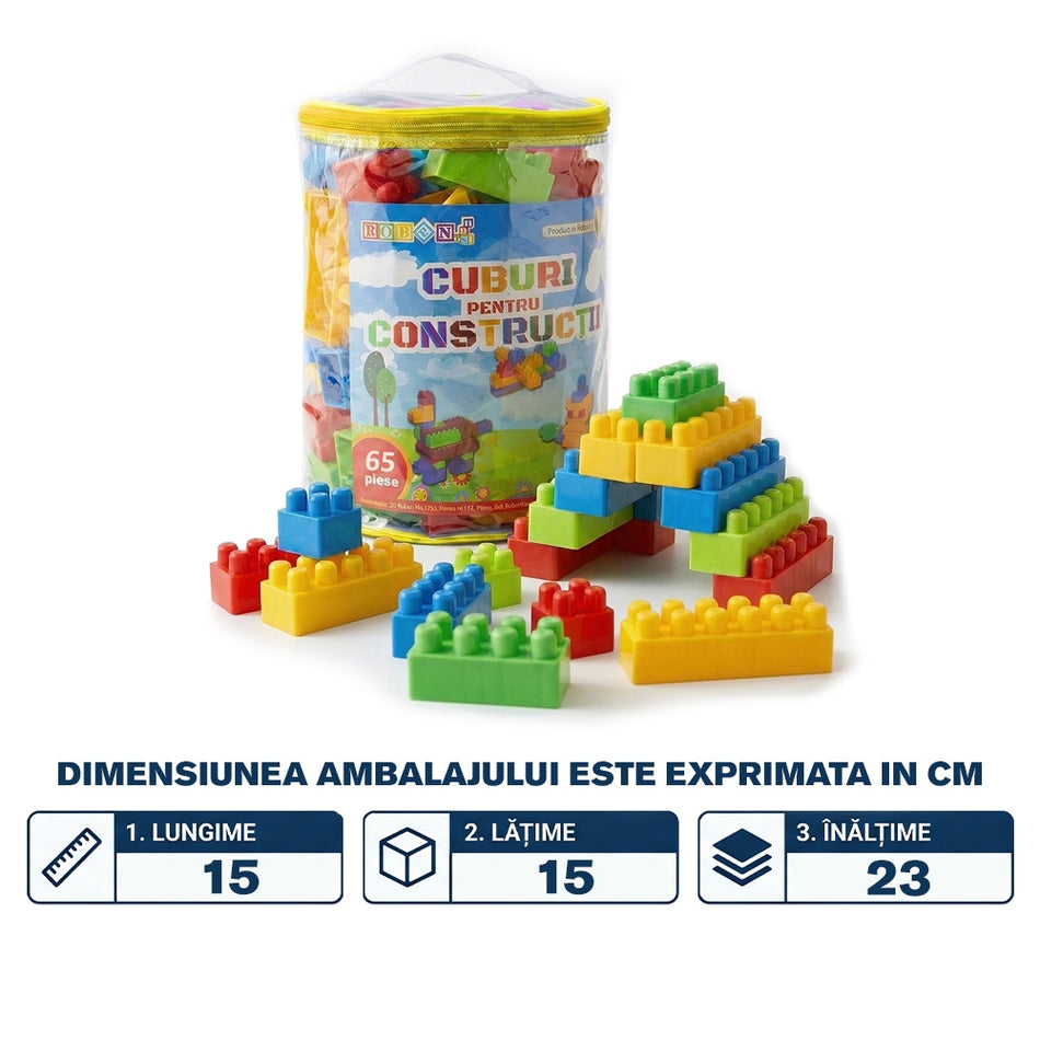 Cuburi constructie 65 piese pentru copii, plastic, ROBENTOYS 16065