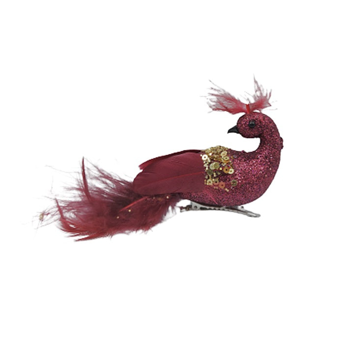 Pasare Paun Cu Puf Si Pene Bordo D4021 Xmas