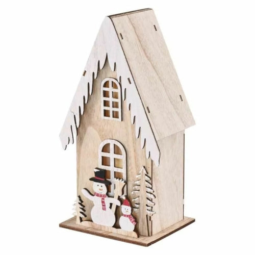 Decoratiuni - 3 Led-Uri Case Din Lemn Cu Oameni De Zapada, 28 Cm, 2x AAa, Alb Cald, Ip20, Temporizator / Dcww18