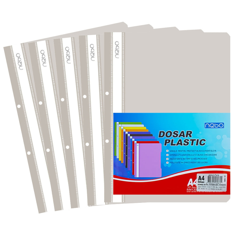Dosar plastic A4 gri cu șină metalică și cotor perforat NEBO 16980-2