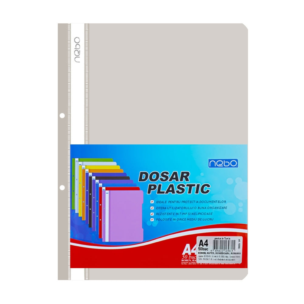 Dosar plastic A4 gri cu șină metalică și cotor perforat NEBO 16980-2