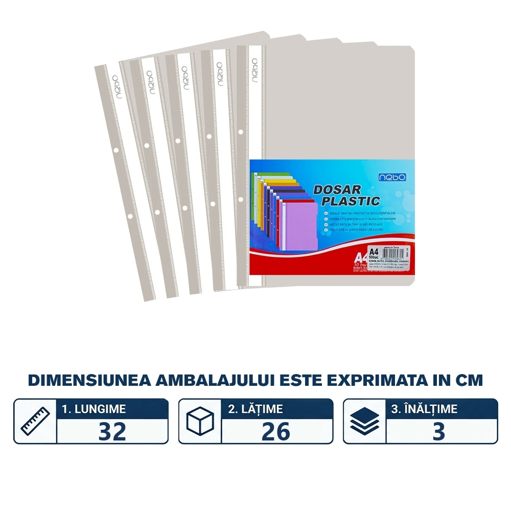 Dosar plastic A4 gri cu șină metalică și cotor perforat NEBO 16980-2