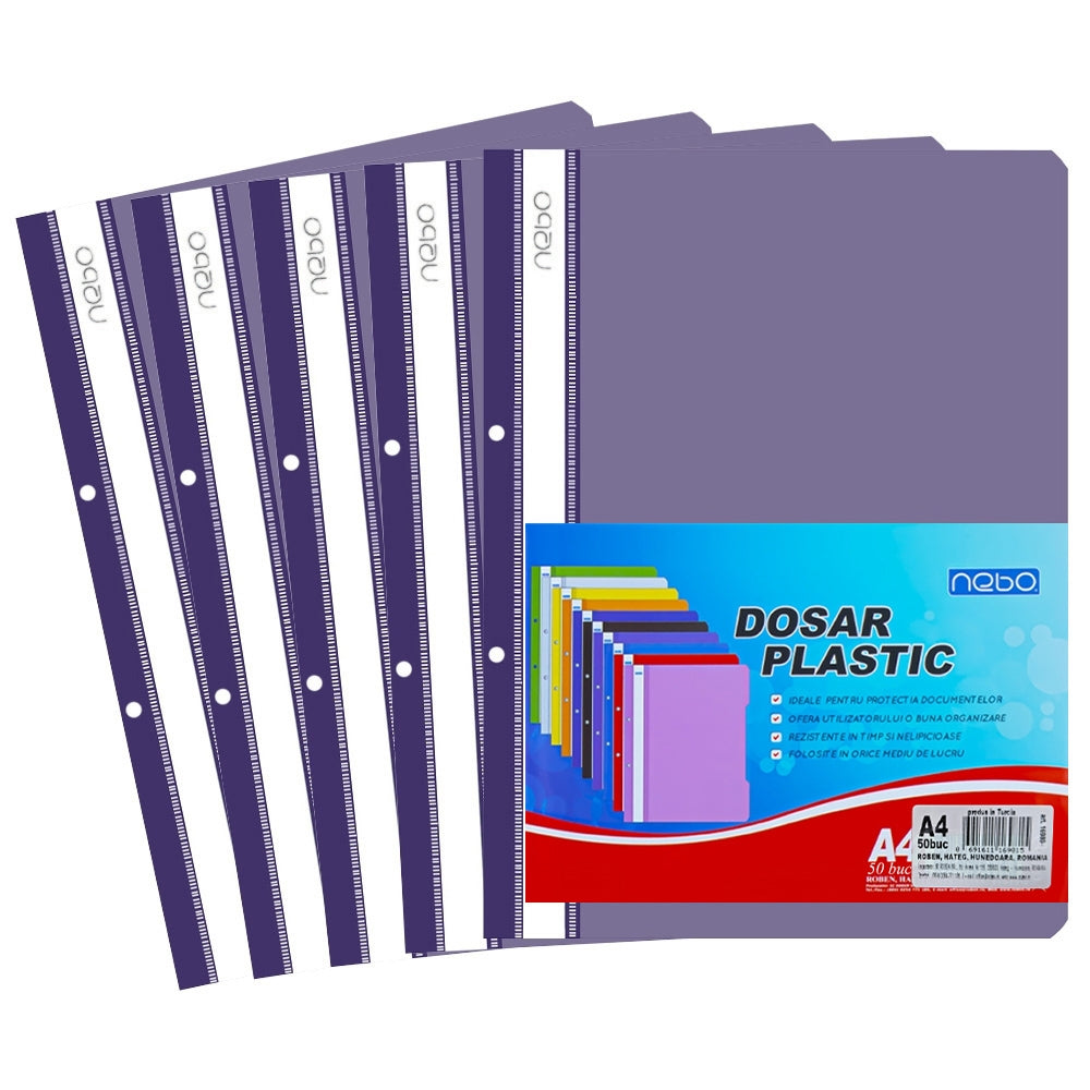 Dosar plastic A4 violet cu șină metalică și perforații pentru biblioraft NEBO 16980-6