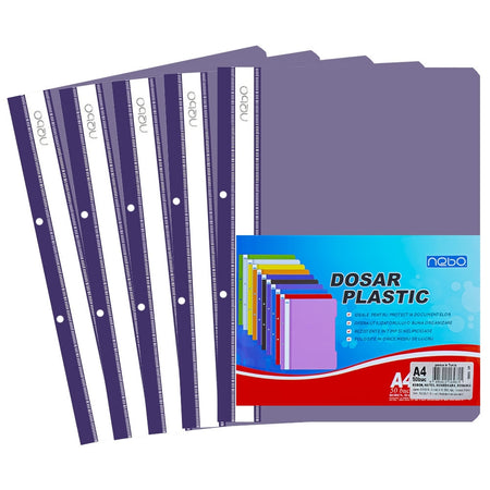 Dosar plastic A4 violet cu șină metalică și perforații pentru biblioraft NEBO 16980-6