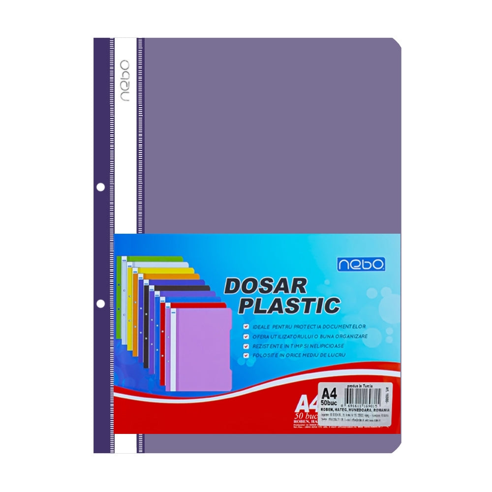 Dosar plastic A4 violet cu șină metalică și perforații pentru biblioraft NEBO 16980-6