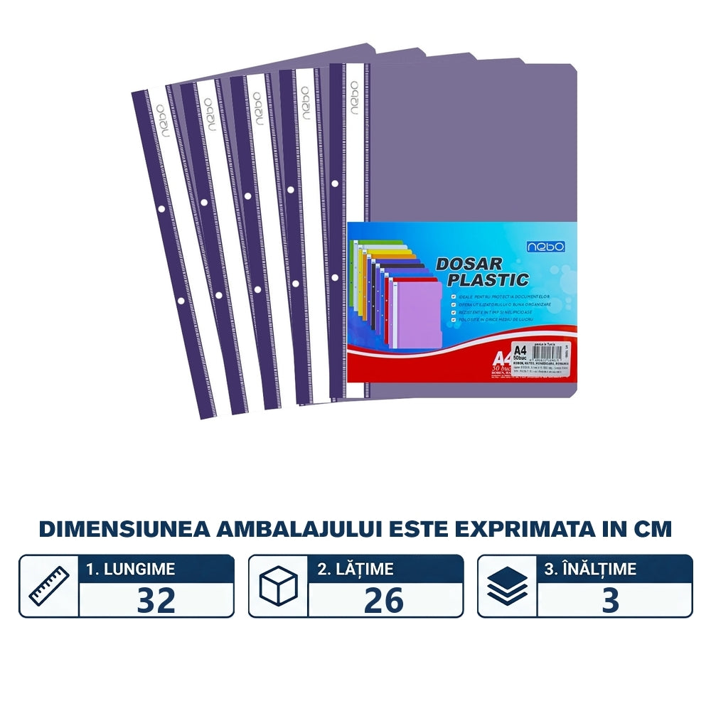 Dosar plastic A4 violet cu șină metalică și perforații pentru biblioraft NEBO 16980-6