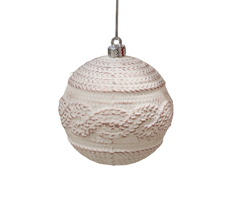 XMAS ORNAMENT GLOB ALB CU PATINA, MODEL TRICOT 10 CM, PLASTI