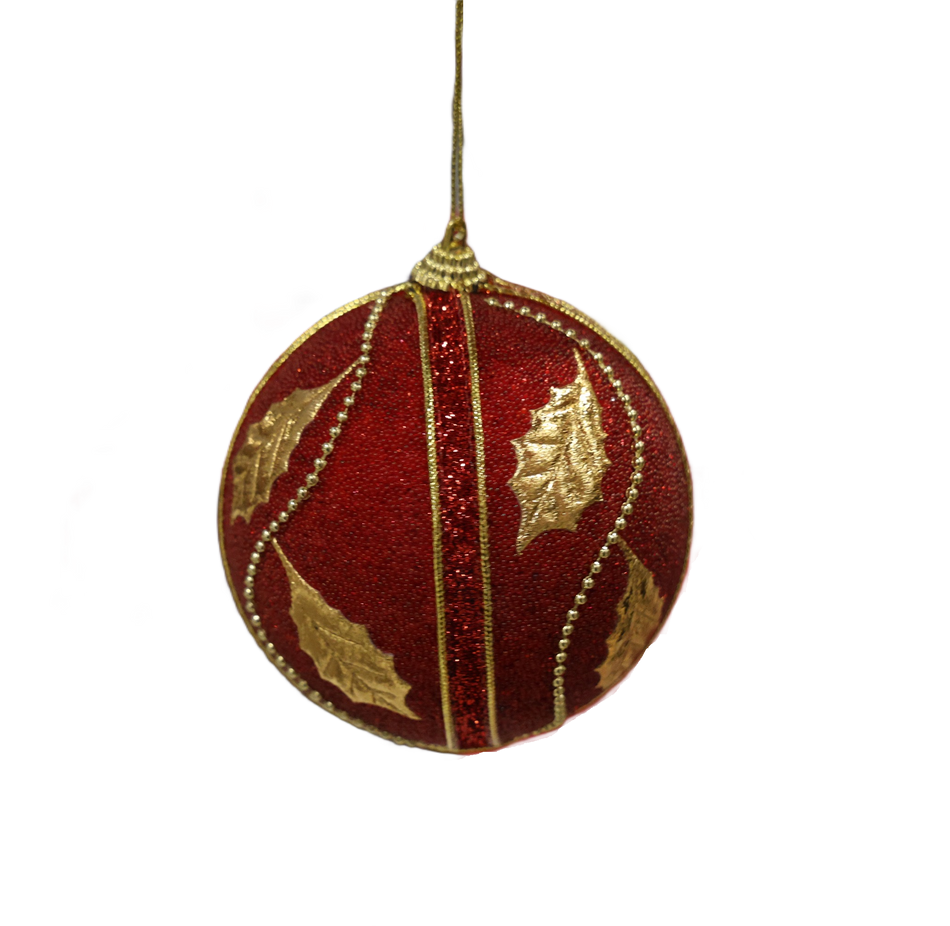 Xmas Glob 10 Cm Catifea Rosie Cu Frunze Aurii