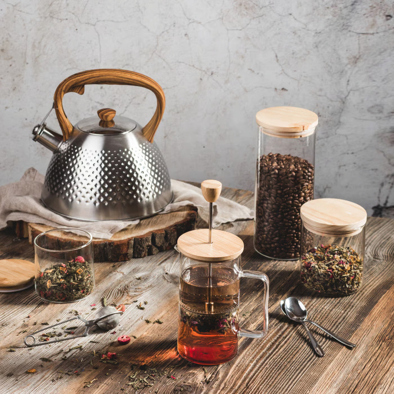Filtru ceai sau cafea Nordic, sticlă cu capac bambus Ambition