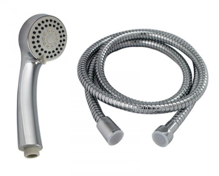 Baterie duș Ermetiq monocomandă cu finisaj alb și crom, cu pară și furtun de duș
