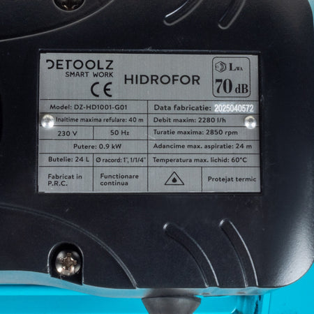 Hidrofor Detoolz 0.9 kW, 2280 l/h, butelie 24L, fontă, ejector Detoolz DZ-HD1001-G01