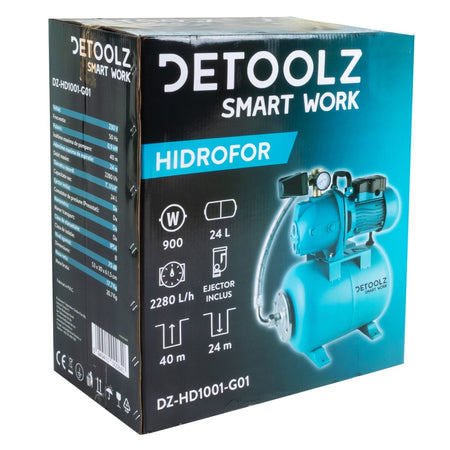 Hidrofor Detoolz 0.9 kW, 2280 l/h, butelie 24L, fontă, ejector Detoolz DZ-HD1001-G01
