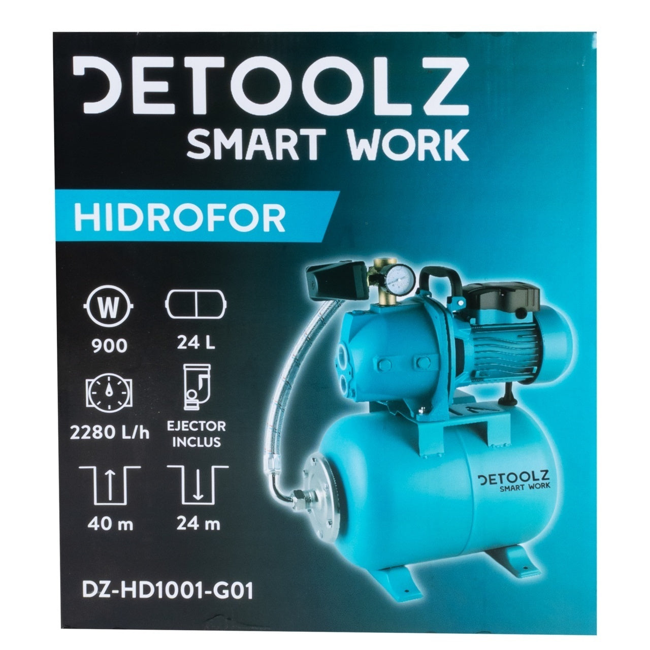 Hidrofor Detoolz 0.9 kW, 2280 l/h, butelie 24L, fontă, ejector Detoolz DZ-HD1001-G01